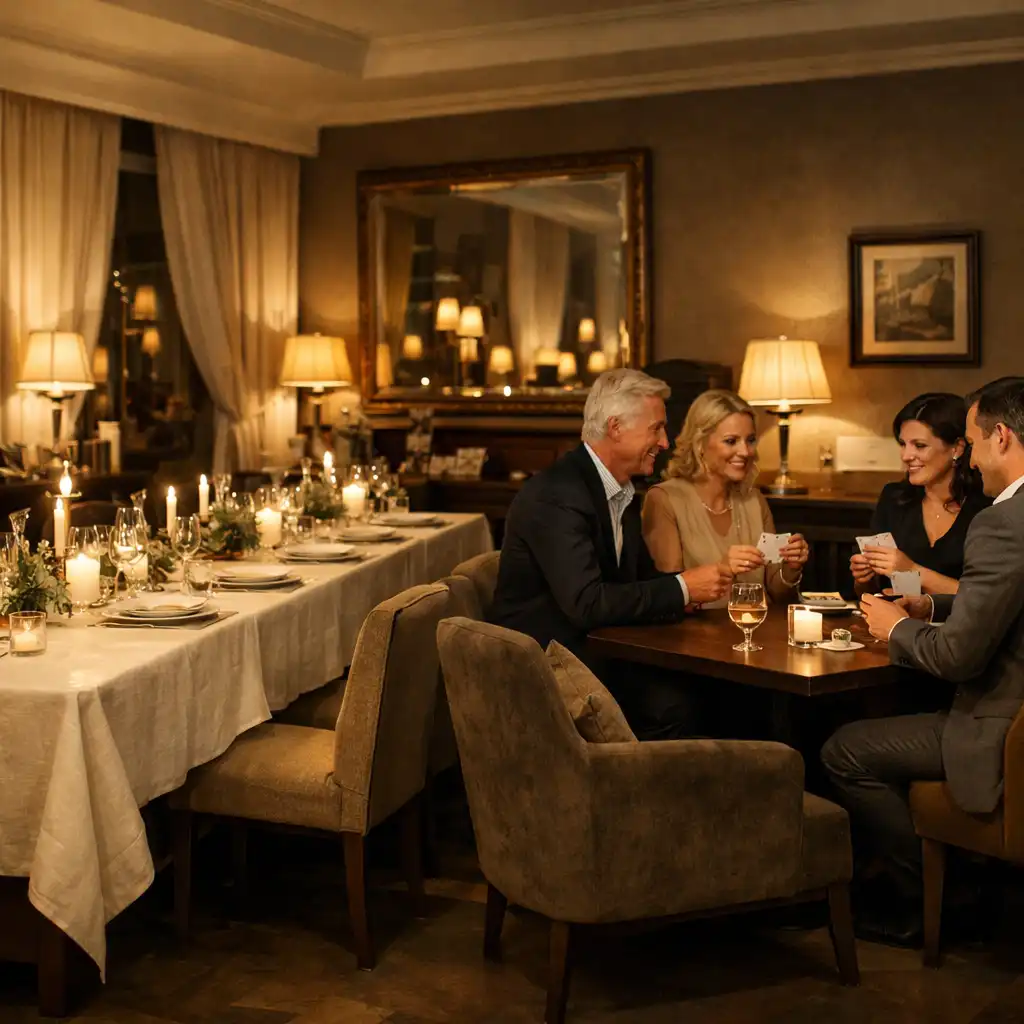 Wieczór w salonie restauracyjnym: wspólny stół, ciepłe światło i rozmowa gości