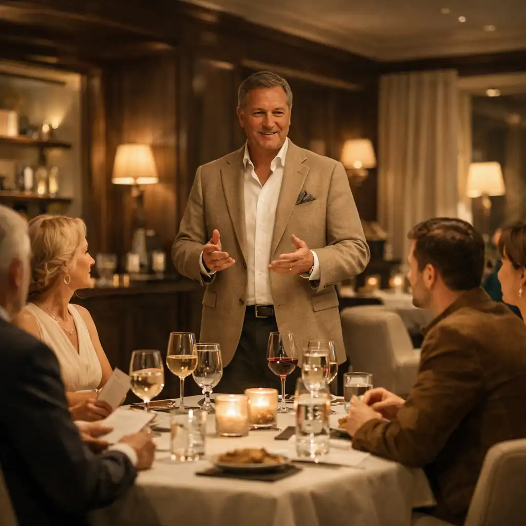 Gospodarz prowadzący spokojne spotkanie dorosłych gości przy stole w restauracyjnym lounge