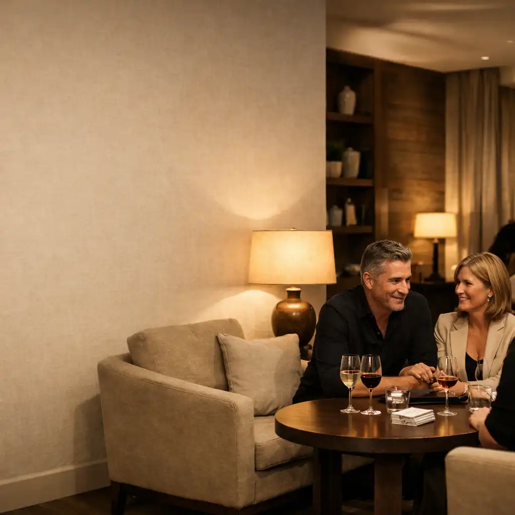 Dorośli goście rozmawiający w restauracyjnym lounge'u przy stoliku z kartami