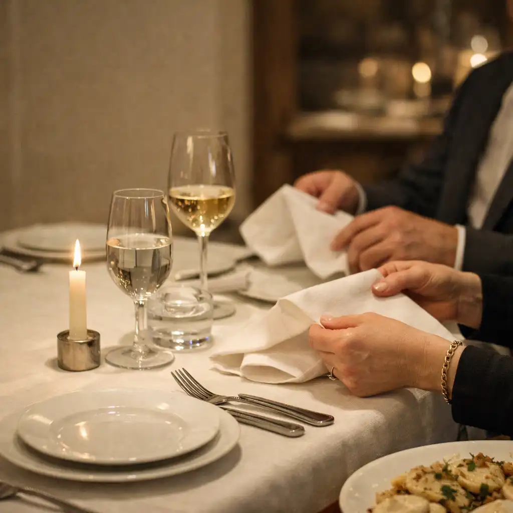 Dłonie gości przy elegancko nakrytym stole z lnem, szkłem i światłem świec