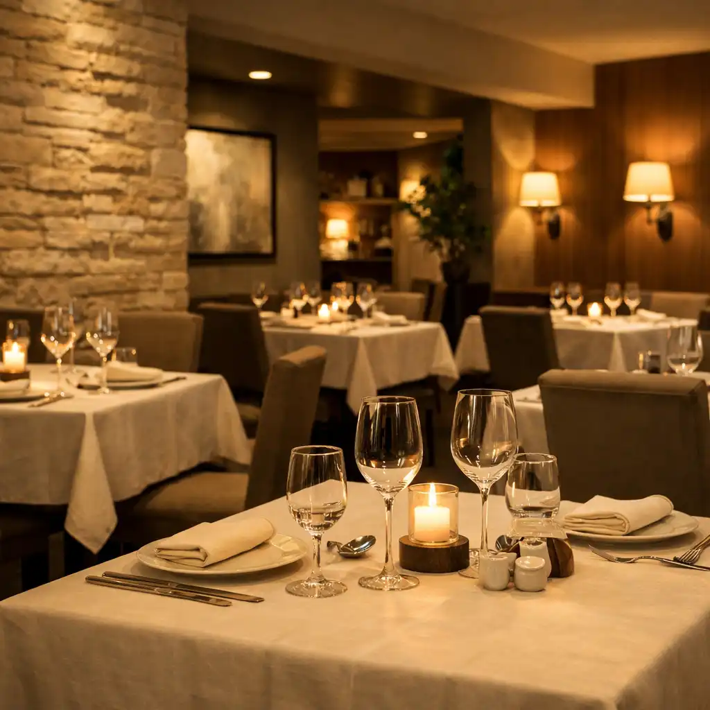 Elegancka sala restauracyjna z nakrytymi stolikami i ciepłymi lampami przed rozpoczęciem wieczoru