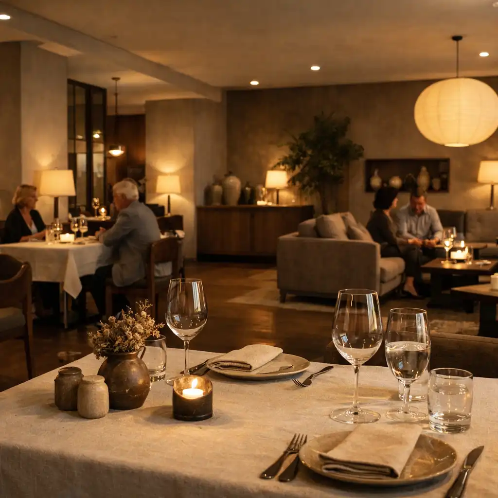 Panoramiczny widok eleganckiej sali łączącej kolację i spokojną część lounge